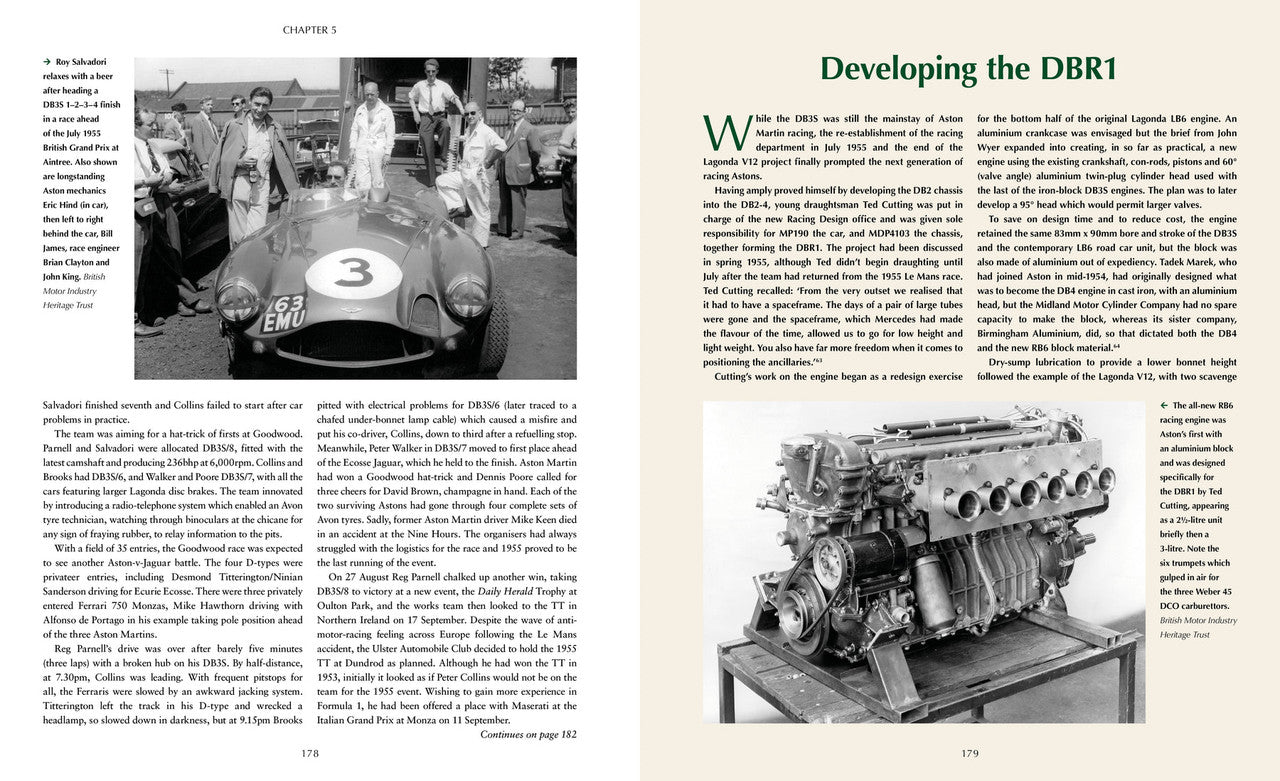 Automotive history book pages with black-and-white race car photo and engine cutaway