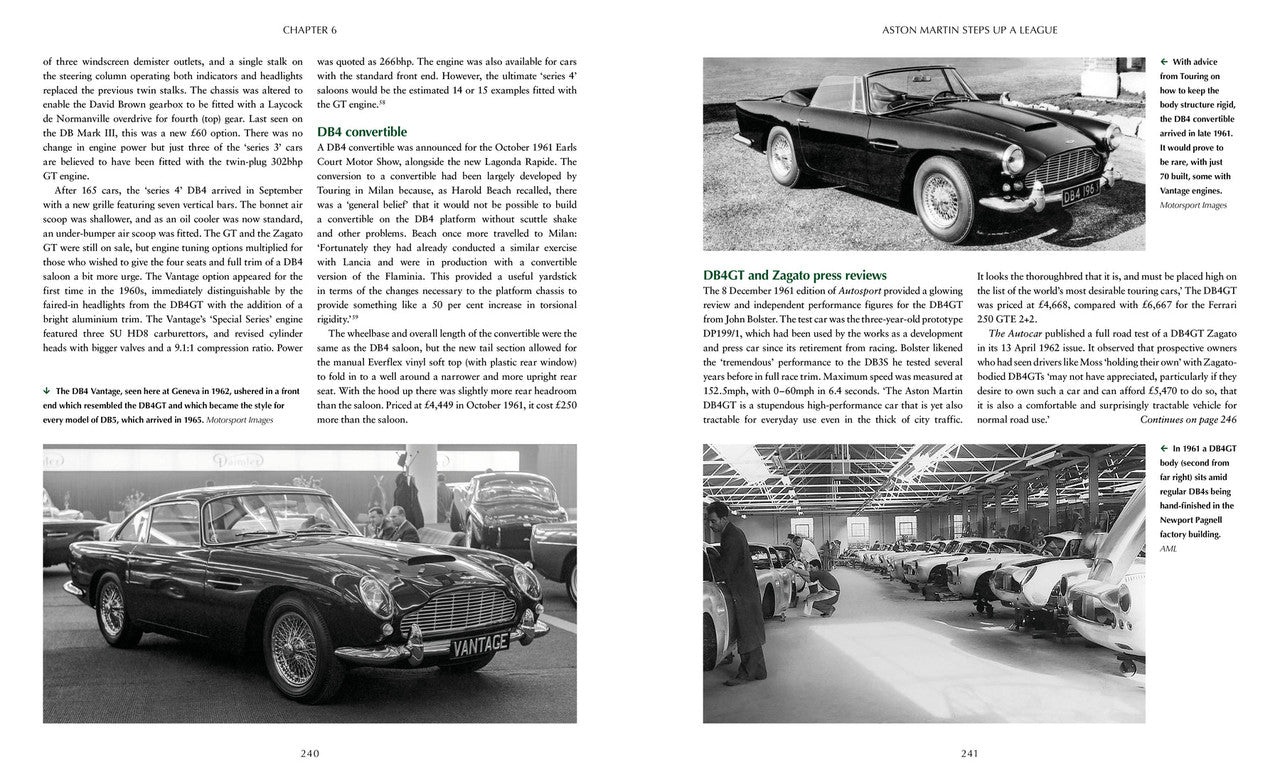 Automotive history book pages with black-and-white classic car and workshop photo
