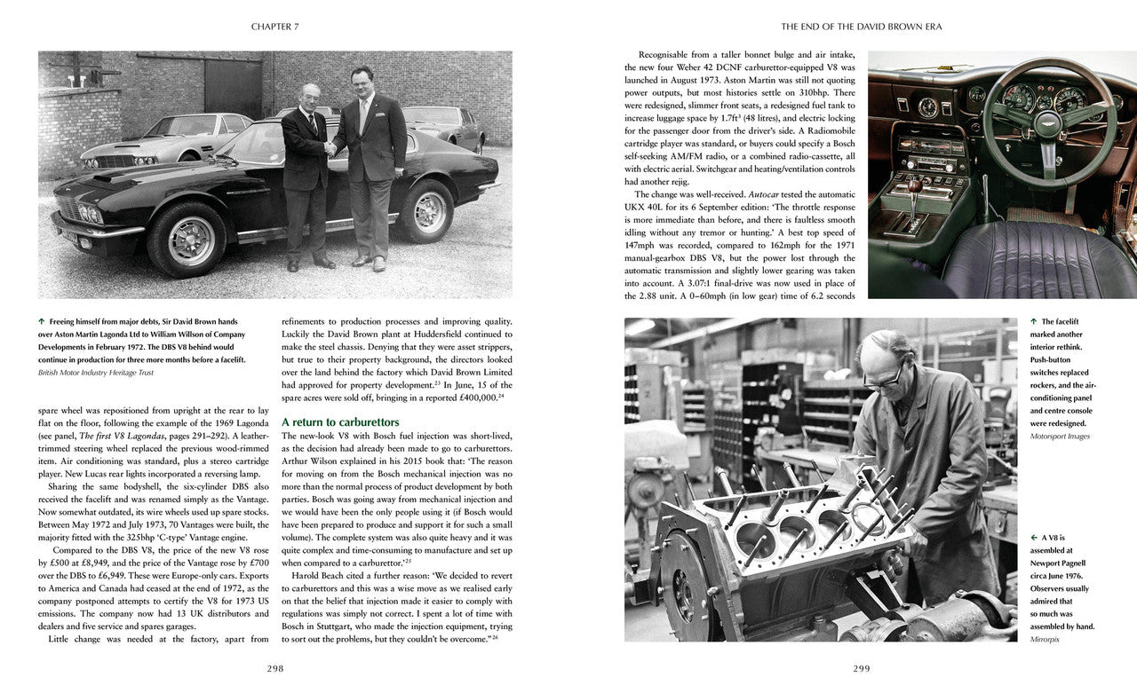 Book open to spread with classic car photo, two men, and dashboard image