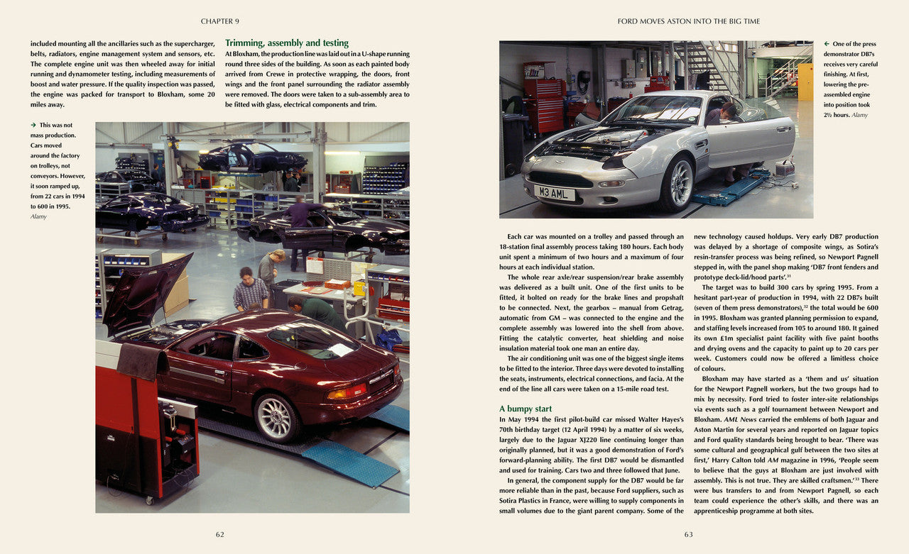 Book open to spread with car workshop photos and captioned text columns