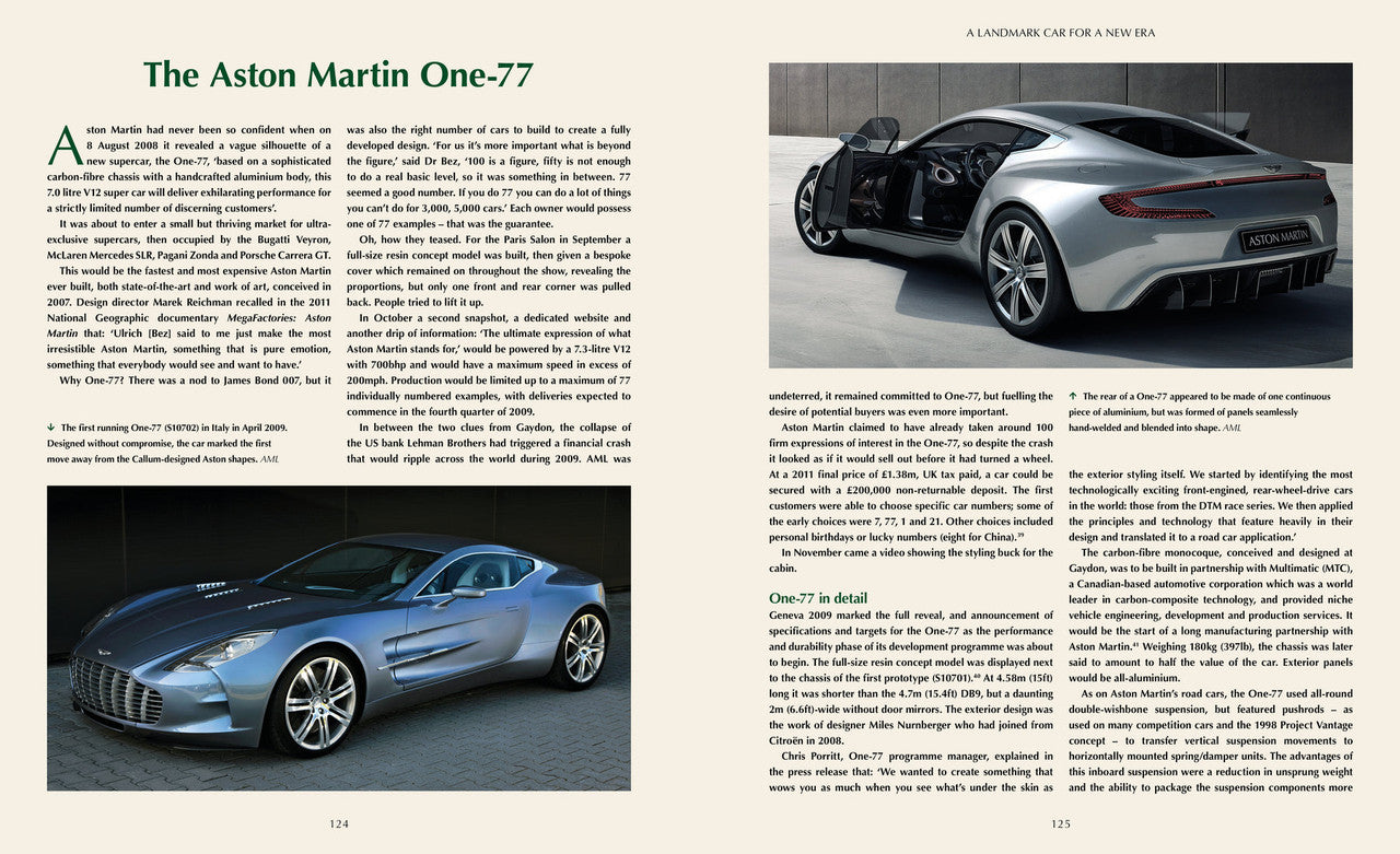 Automotive history book pages with blue sports car photo and two-column text