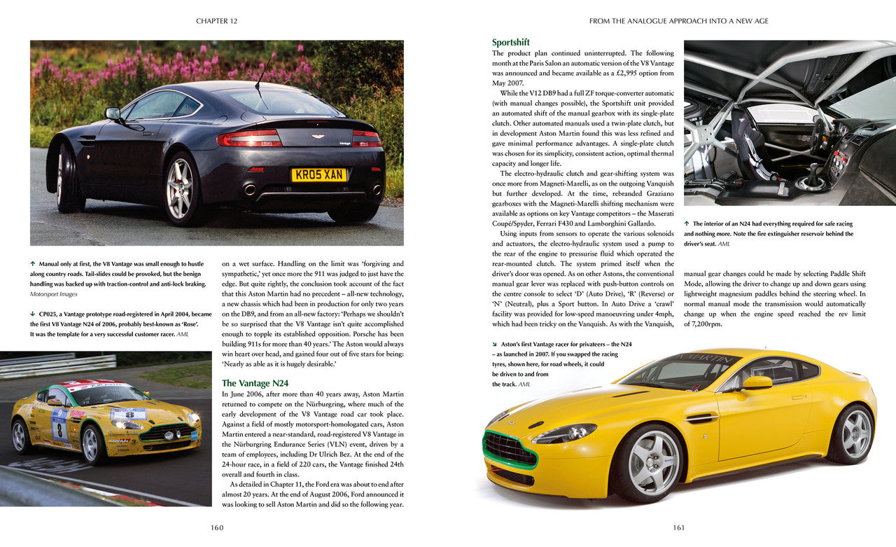 Automotive history book pages with dark sports car photo and yellow race car inset