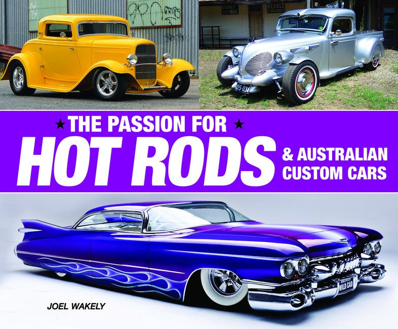 Hot rods & Australian custom cars book cover with purple classic car illustration