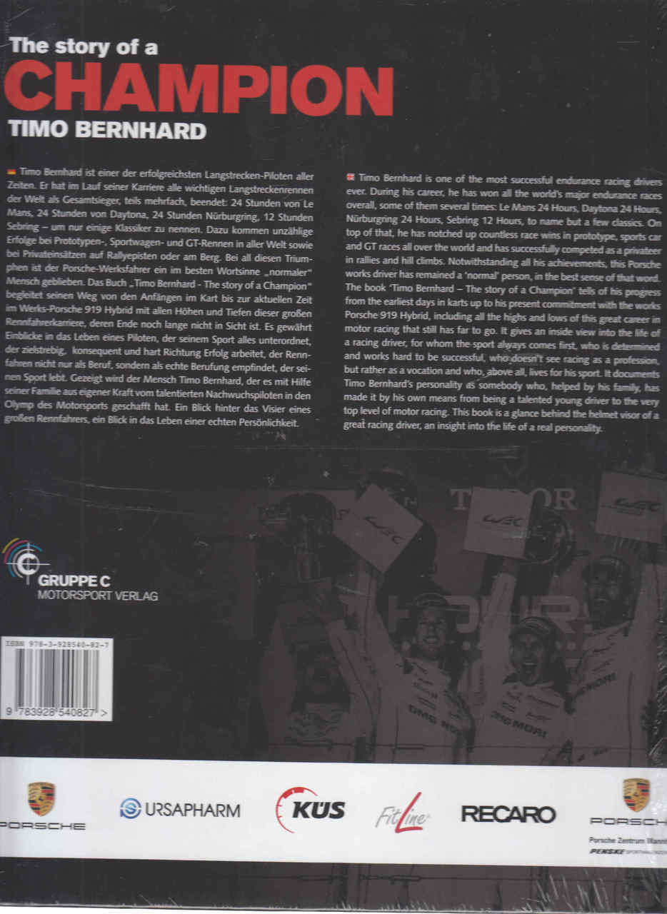 Racing champion story book back cover, dense text, barcode, and sponsor logos