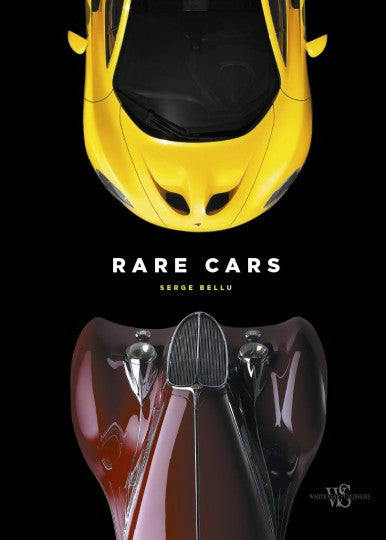 Book cover with yellow sports car front and chrome wheels, Rare Cars text.