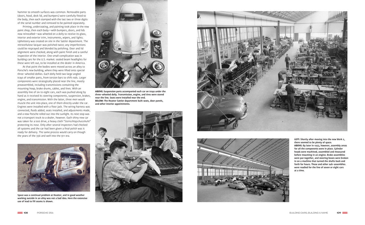 Porsche 356 75th Anniversary book pages with photos of cars and workshop