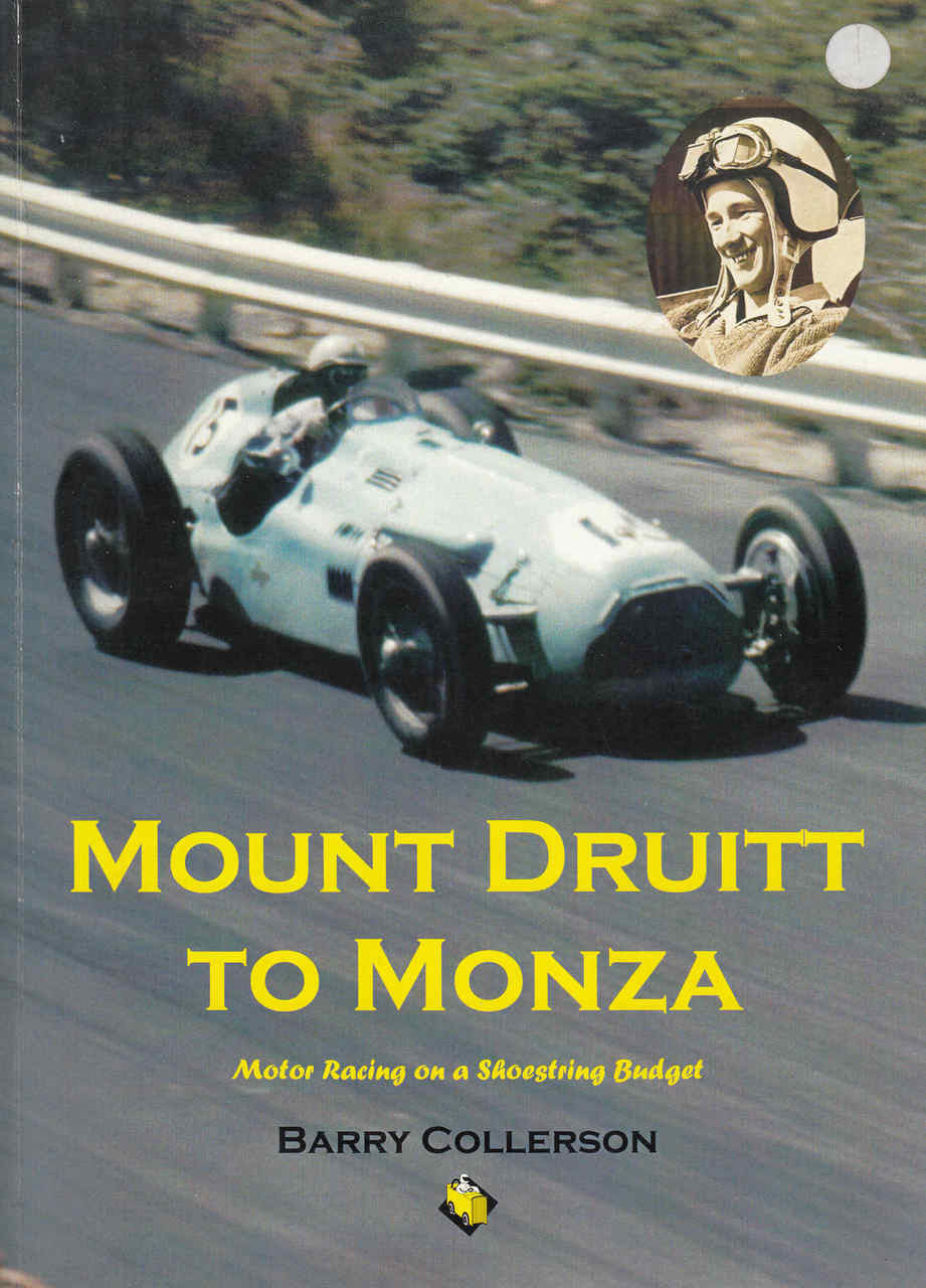 Book cover with racing car, 'Mount Druitt to Monza' and Barry Collerson