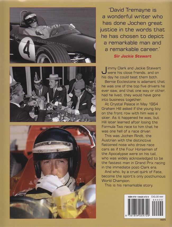 Motorsport memoir book back cover collage with helmet photo and barcode