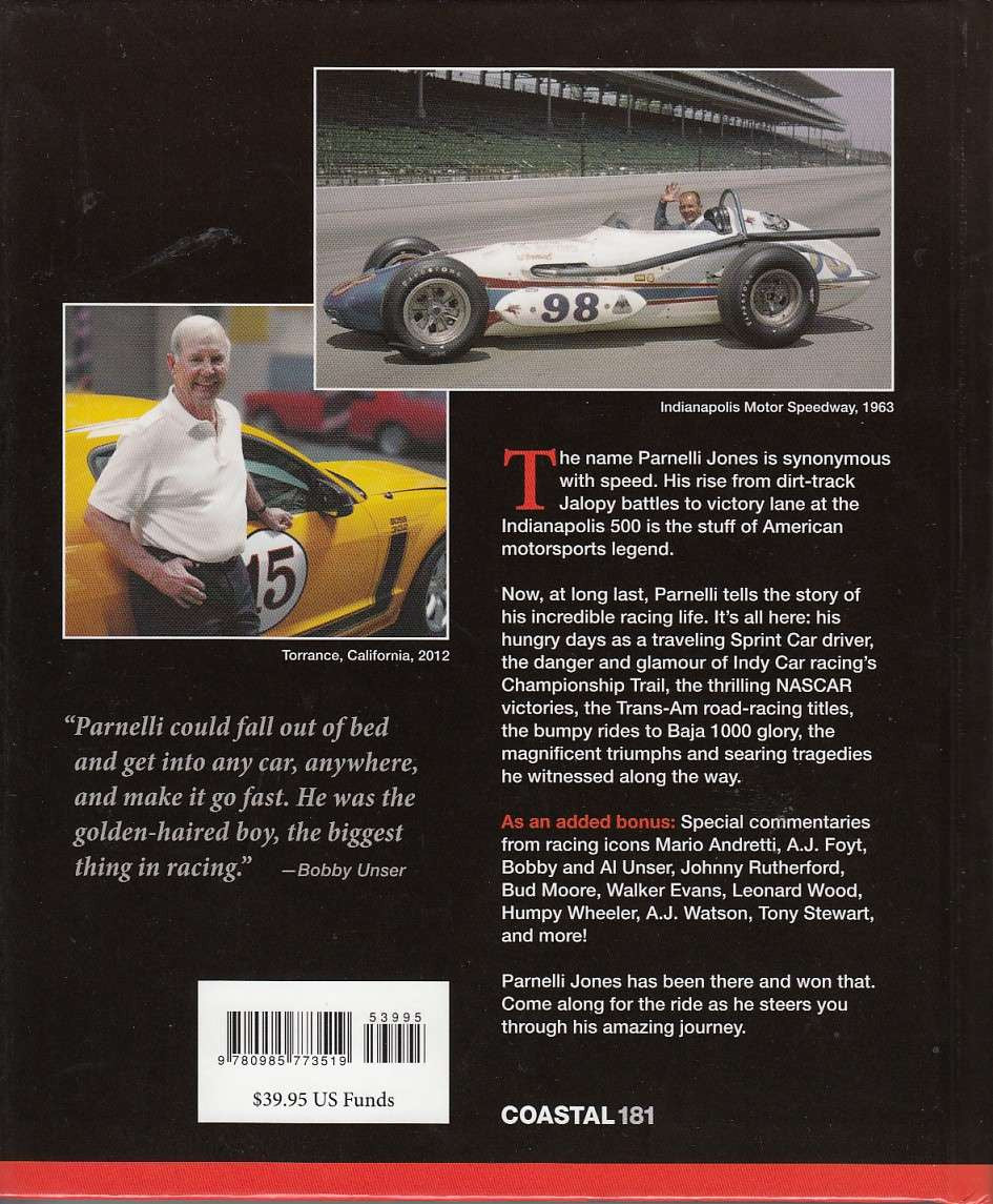 Paperback race book, back cover with car photo, biography text, and price label