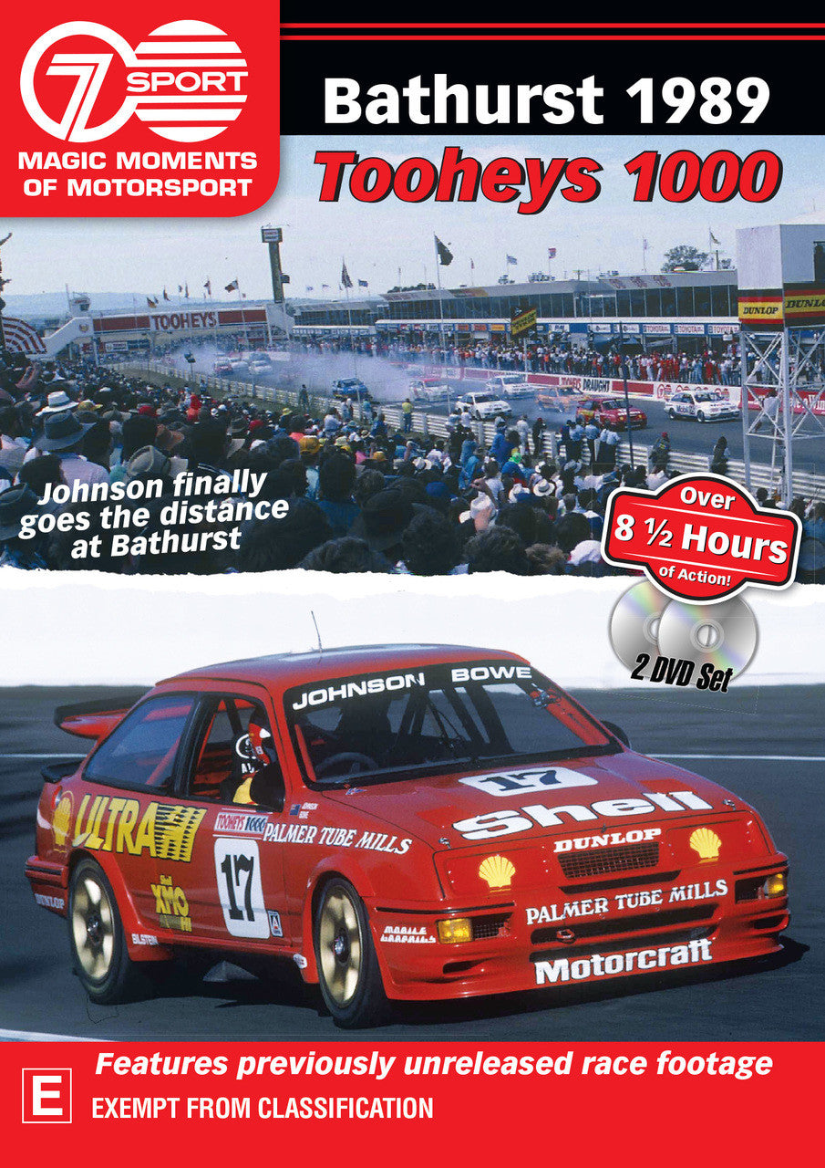 Bathurst 1989 motorsport DVD cover with track crowd, red race car, and 2 DVD set badge