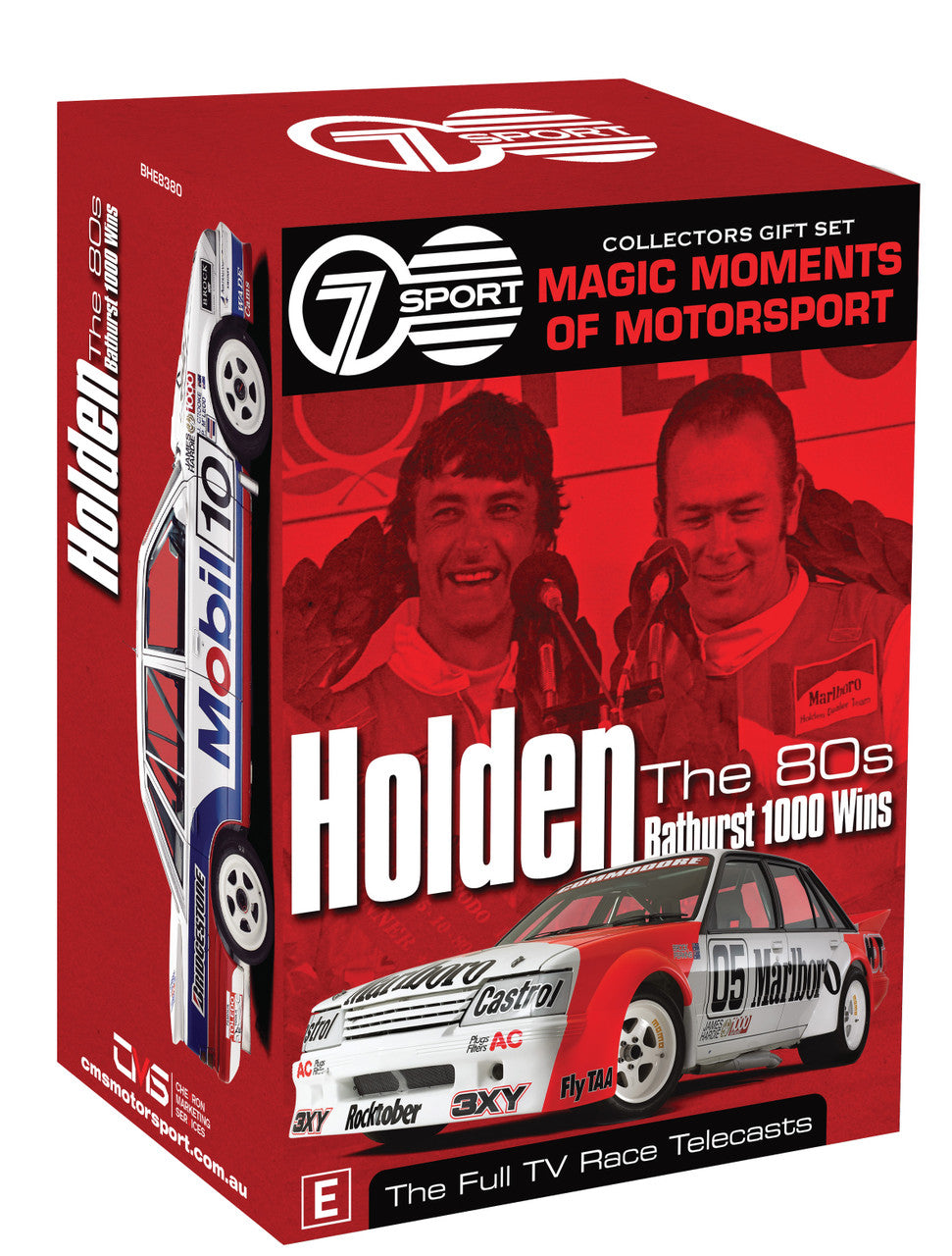 Red DVD gift set box with car artwork and Holden logo, collectible motorsport moments