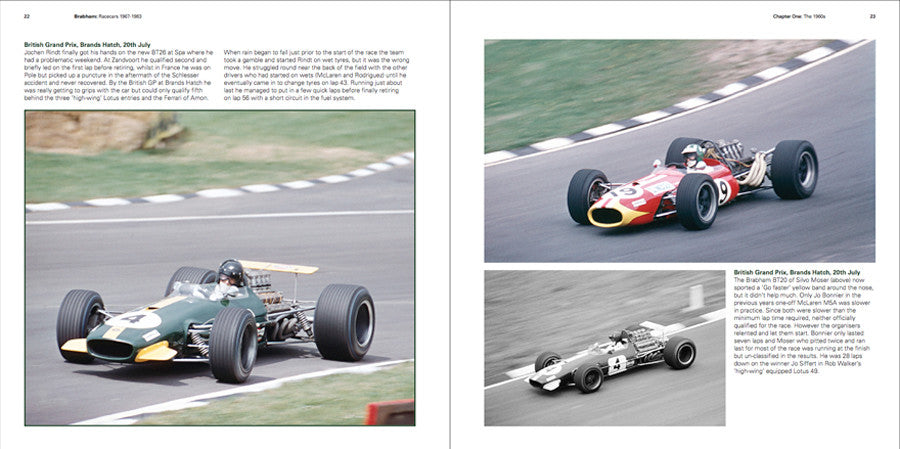 Open-wheel racecars on track, teal car and red-and-white car side-by-side