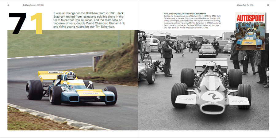 Open-wheel racecar on road, yellow-and-blue car plus black-and-white race field