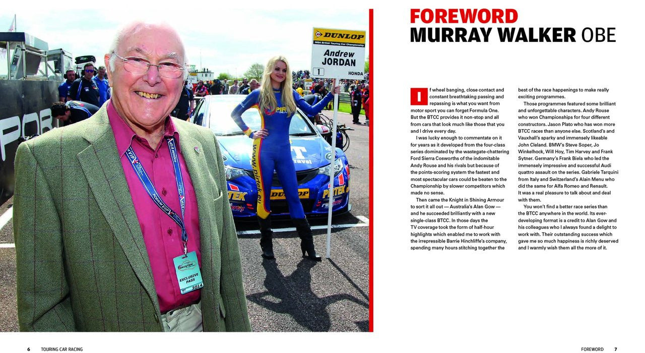 Racing history book page with portrait photo and foreword text for British touring car racing