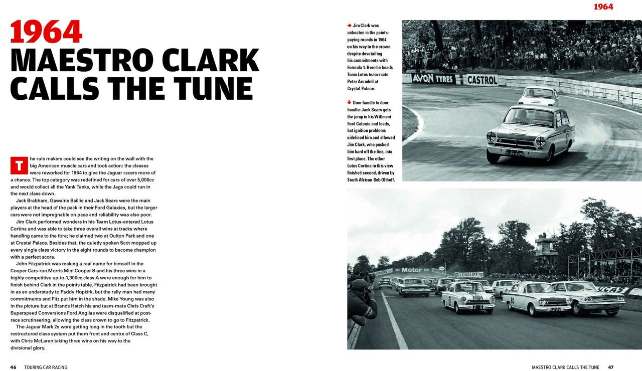 Racing history book spread with 1964 headlines and touring car action photos