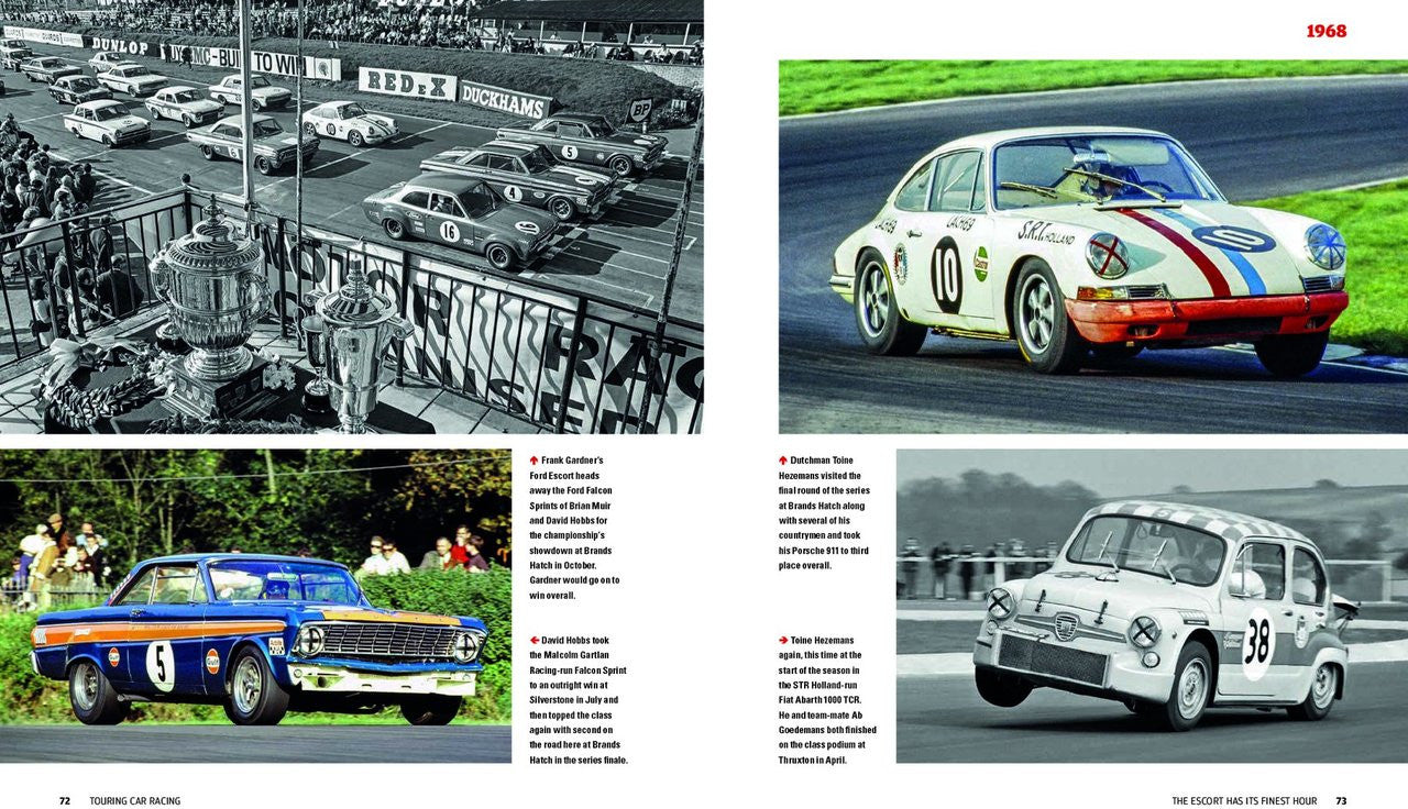 Racing history book spread with 1968 photos of classic touring cars and race trophies