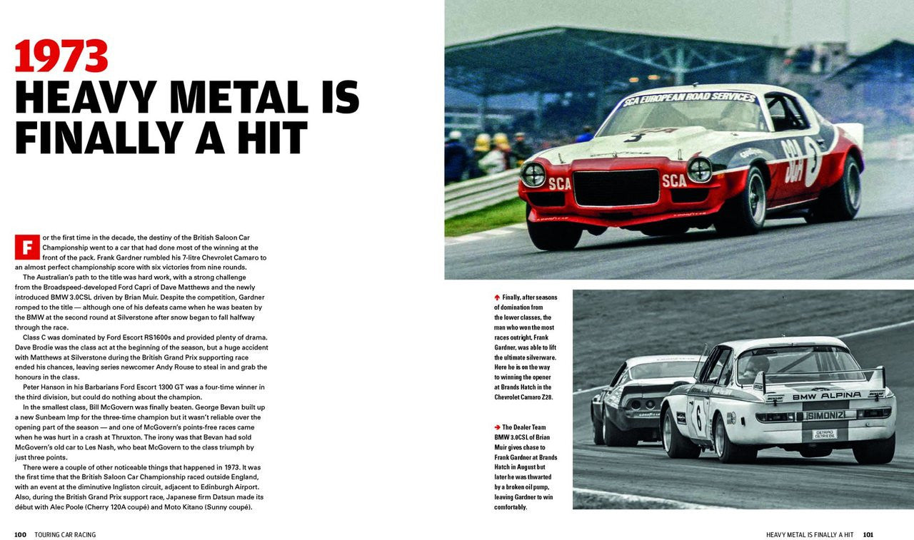 Racing history book spread with 1973 headline and red-and-blue touring car photos