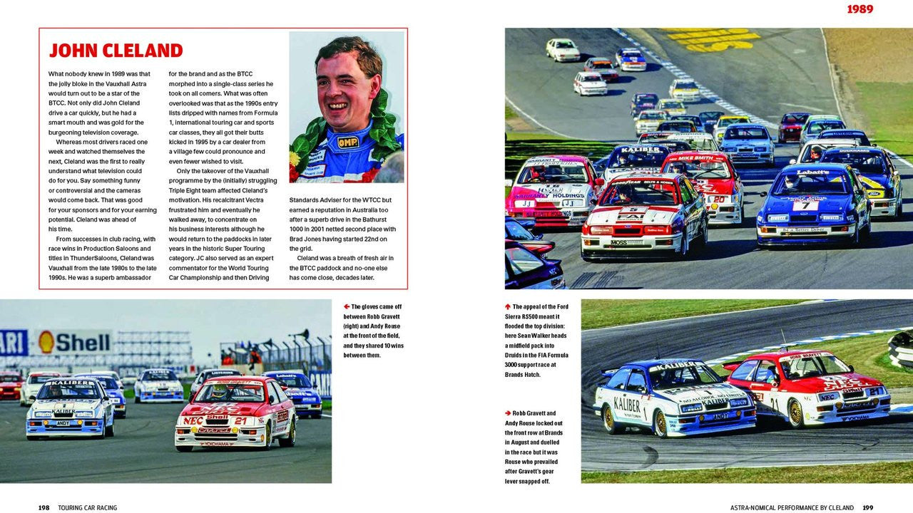 Racing history book spread with John Cleland portrait and touring car race photos