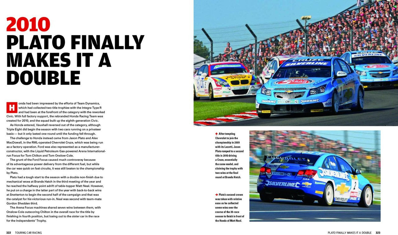 Racing history book spread with 2010 headline and multiple blue touring cars on track
