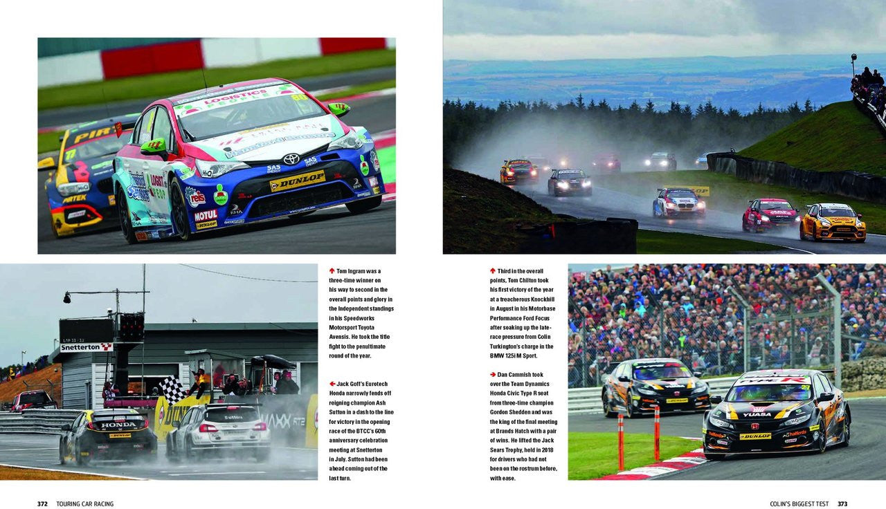 Racing history book spread with touring cars on track and crowd at the finish line