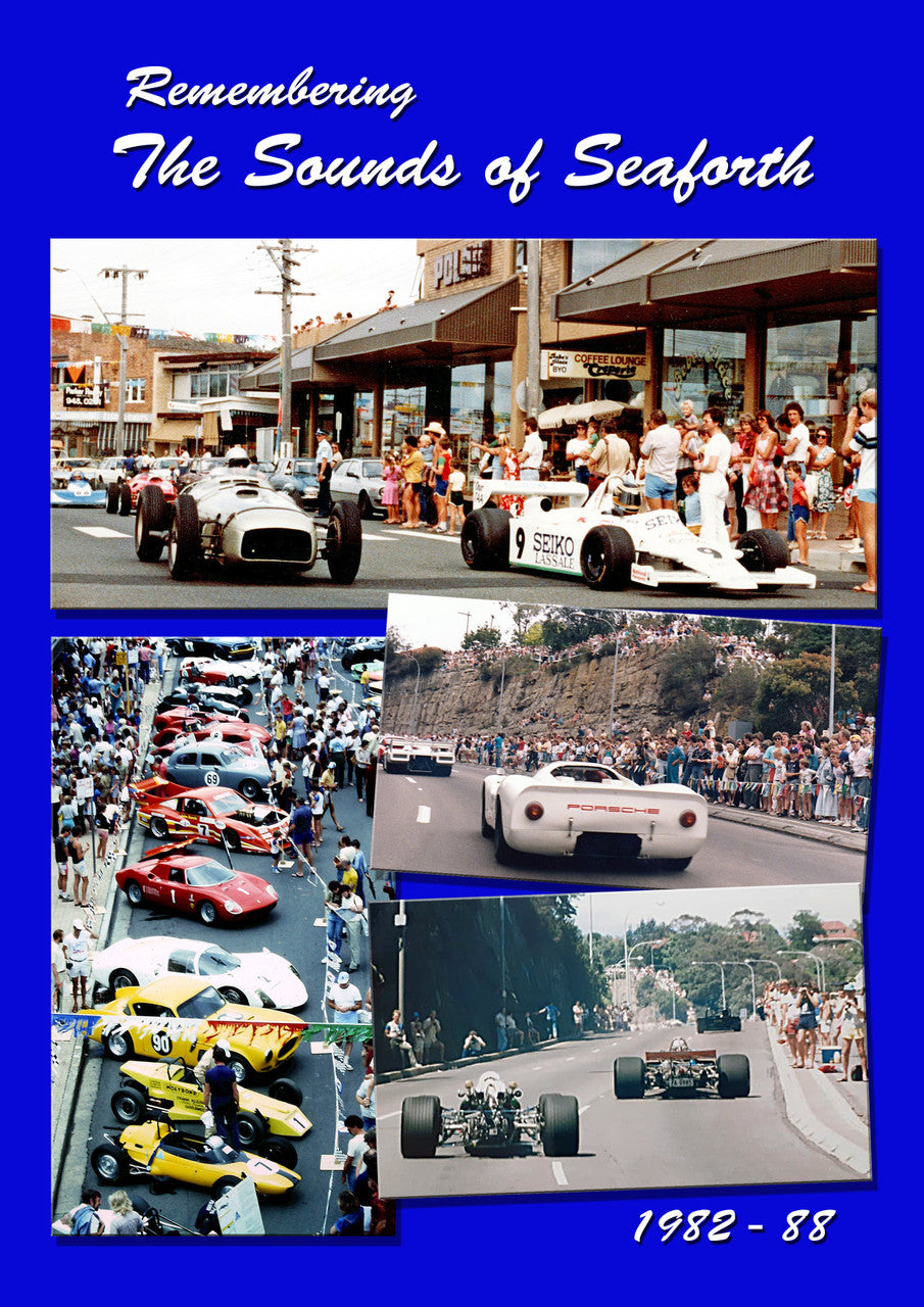 Race photo collage of vintage cars with '1982-88' on a blue title card