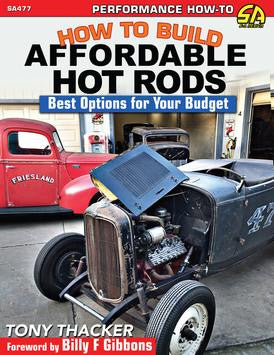 Affordable hot rods building guide book with blue-gray hot rod and engine