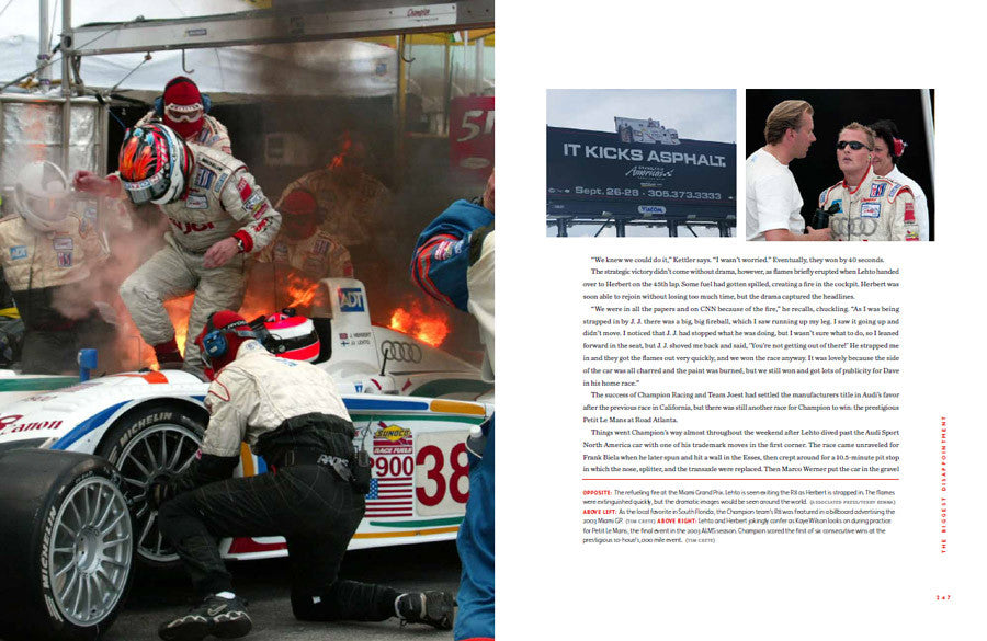 Book spread showing pit crew working beside a race car, with a text page