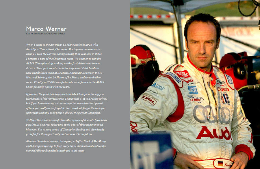 Book spread with a portrait of a racing driver in a white suit and text