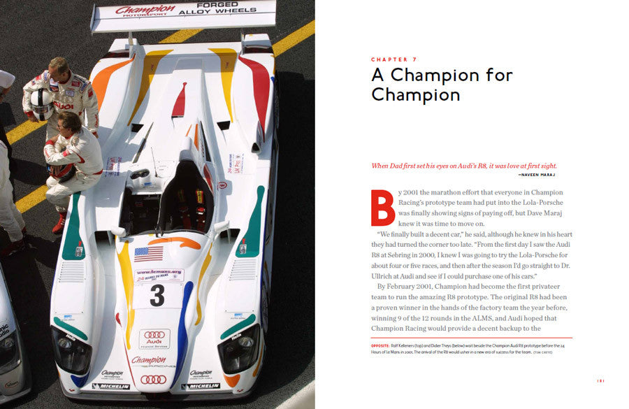 Book spread showing a white race car and a chapter text page
