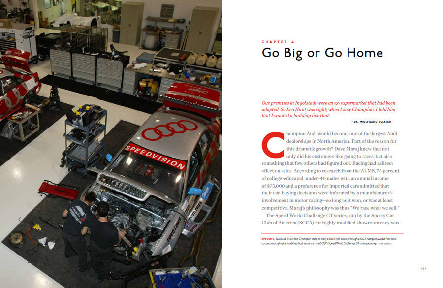 Book spread showing a race car in a workshop, with a chapter text page