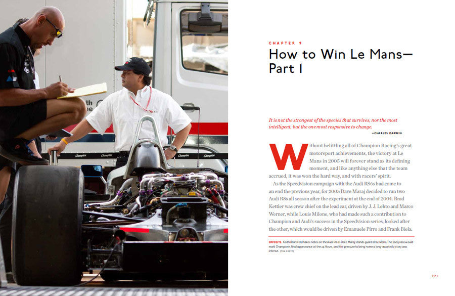 Book spread showing mechanics working on a race car, with a chapter text page