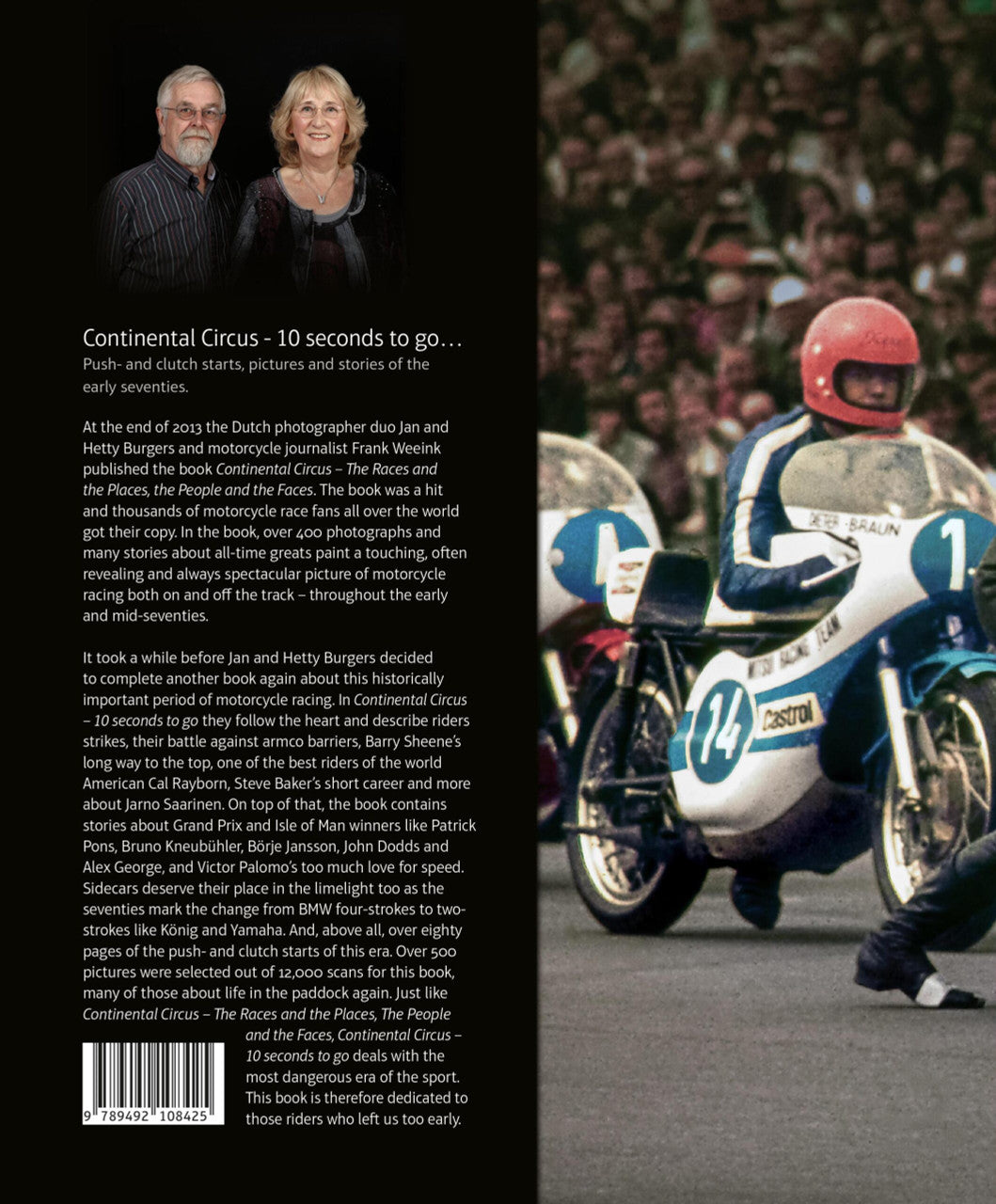 Book page with race photo of motorcyclist on red-and-blue vintage racing bike