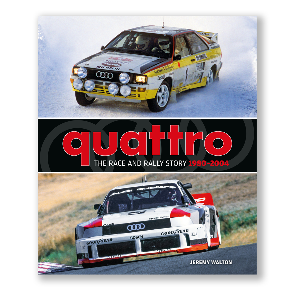 Motorsport history book cover with racing cars and bold red title graphic.