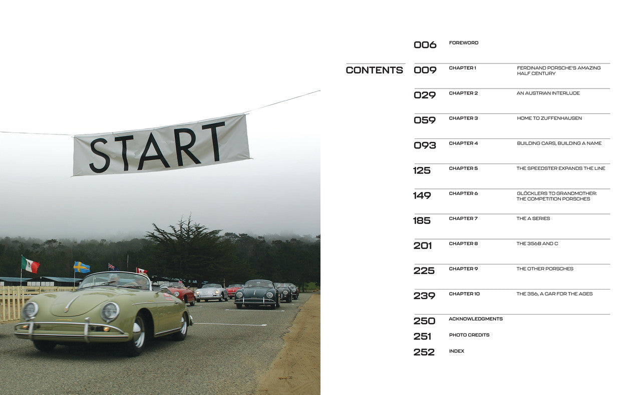Porsche 356 75th Anniversary book page with classic cars lineup photo