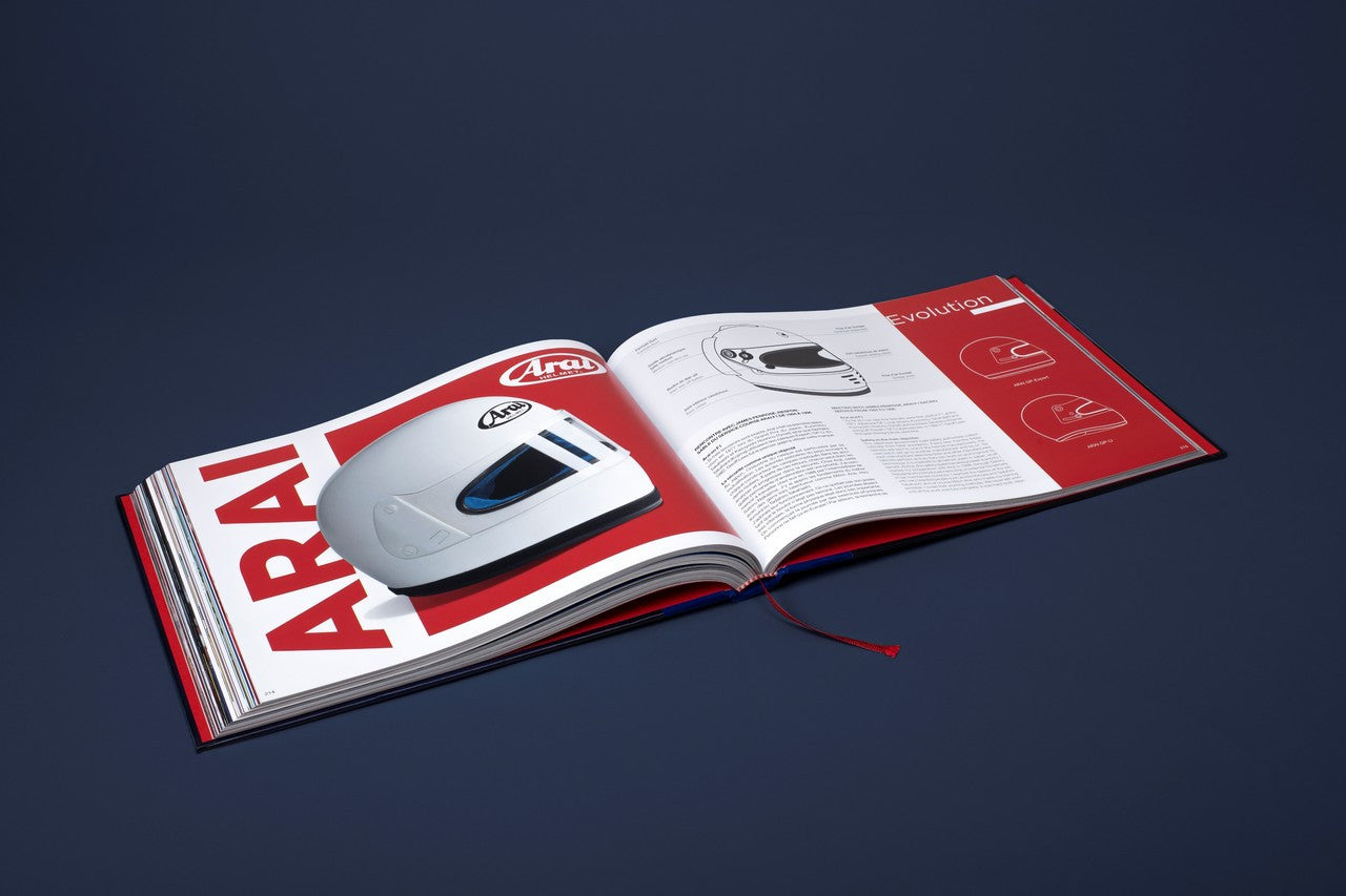 Opened helmet-themed book spread with a red "ARAL" header and a white helmet image.