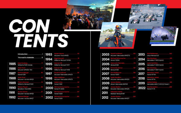 Motorsport history book spread with CON TENTS timeline and race photo panels
