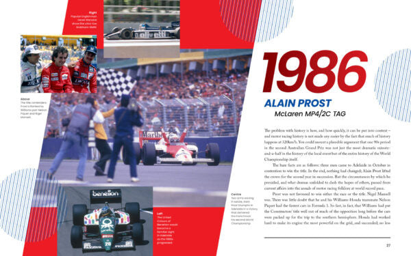 Motorsport history book spread with race car photo and 1986 feature text