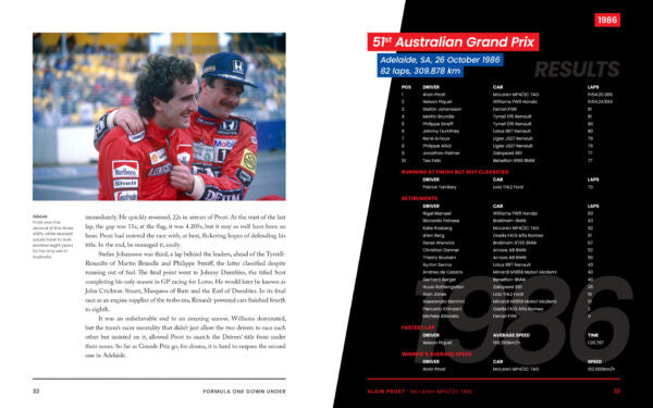 Motorsport history book page with race photo and results chart