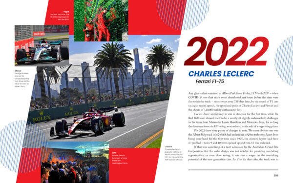 Motorsport history book spread with 2022 feature and race car photo on track