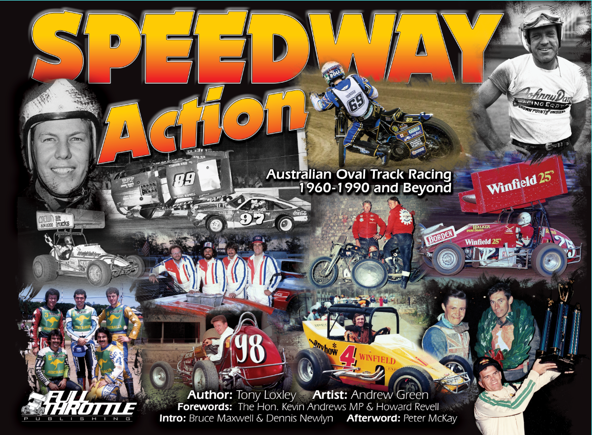 Speedway racing book cover with bold title, oval track cars, and team crew