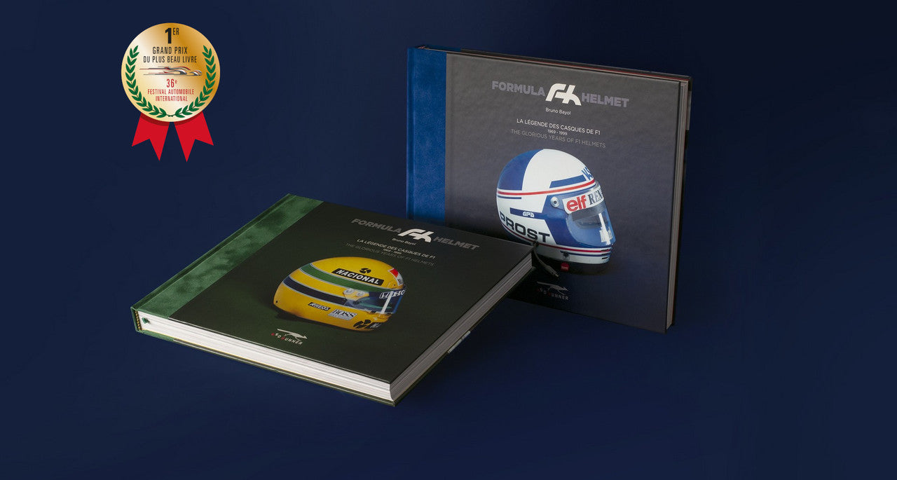 Stacked helmet-themed books with blue and green covers and a helmet photo on the top.