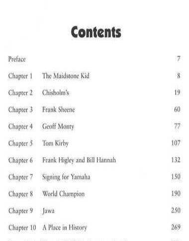 Book contents page with chapter titles and page numbers