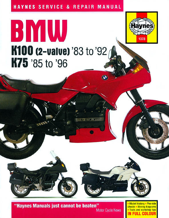 BMW motorcycle repair manual cover featuring red sportbike, Haynes 1373 logo, K100/K75 titles