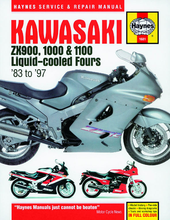 Motorcycle repair manual cover for Kawasaki ZX900 liquid-cooled fours, '83–'97