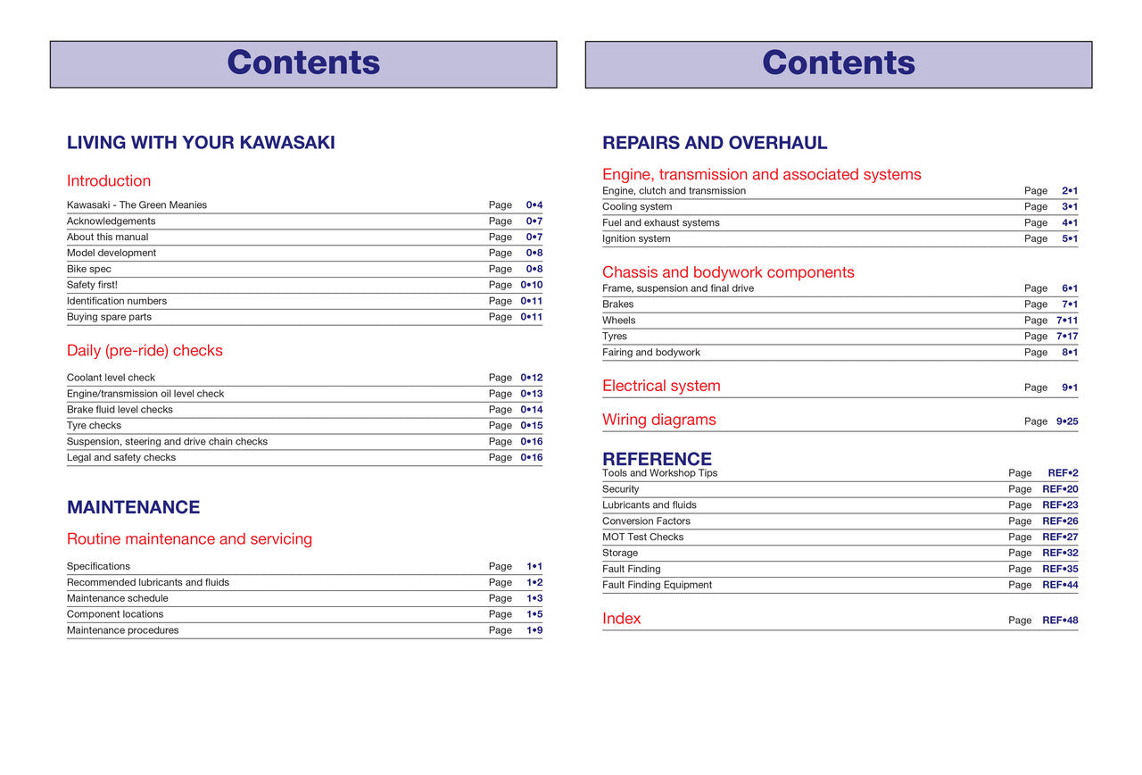 Repair manual table of contents page for Kawasaki EX500 and ER500