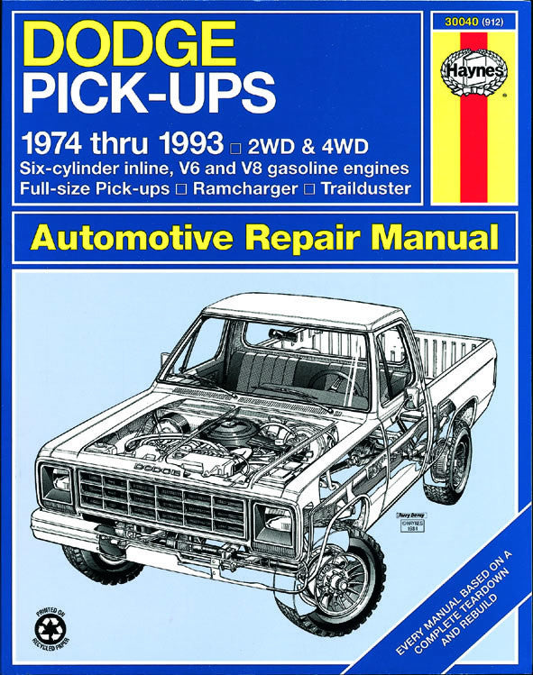 Automotive repair manual for Dodge pick-ups, cover with pickup and engine bay illustration