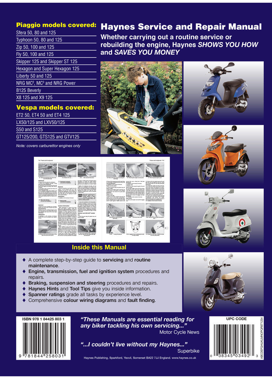 Haynes Vespa service manual cover with Piaggio model list and scooter photos