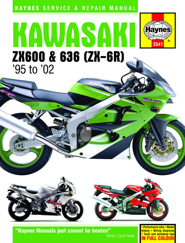 Haynes ZX-6R repair manual for ZX600/636 (’95–’02) with Haynes logo and cover bikes