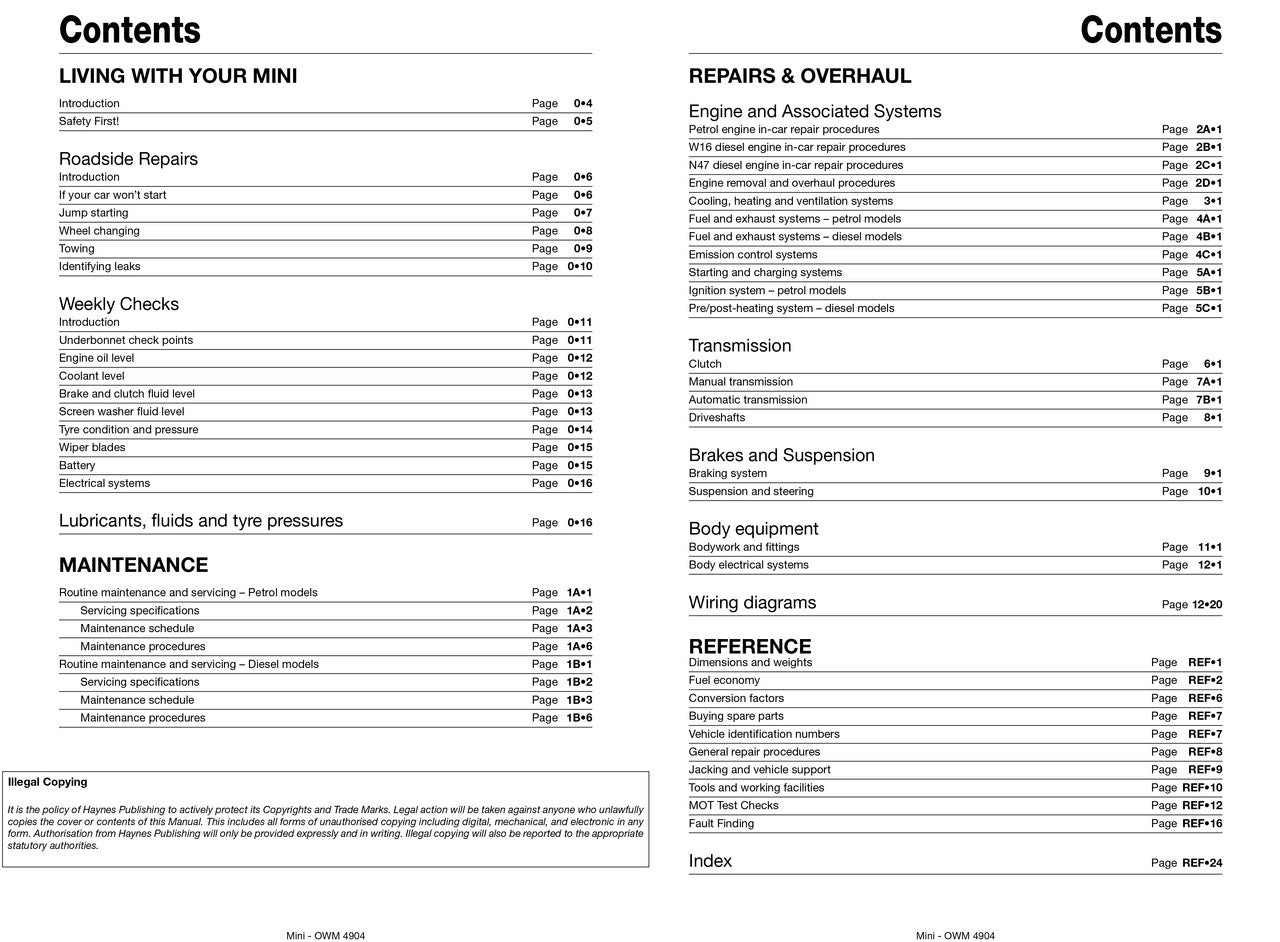 Mini 2006 - 2013 Petrol & Diesel 1.4 L, 1.6L, 2.0L Workshop Manual