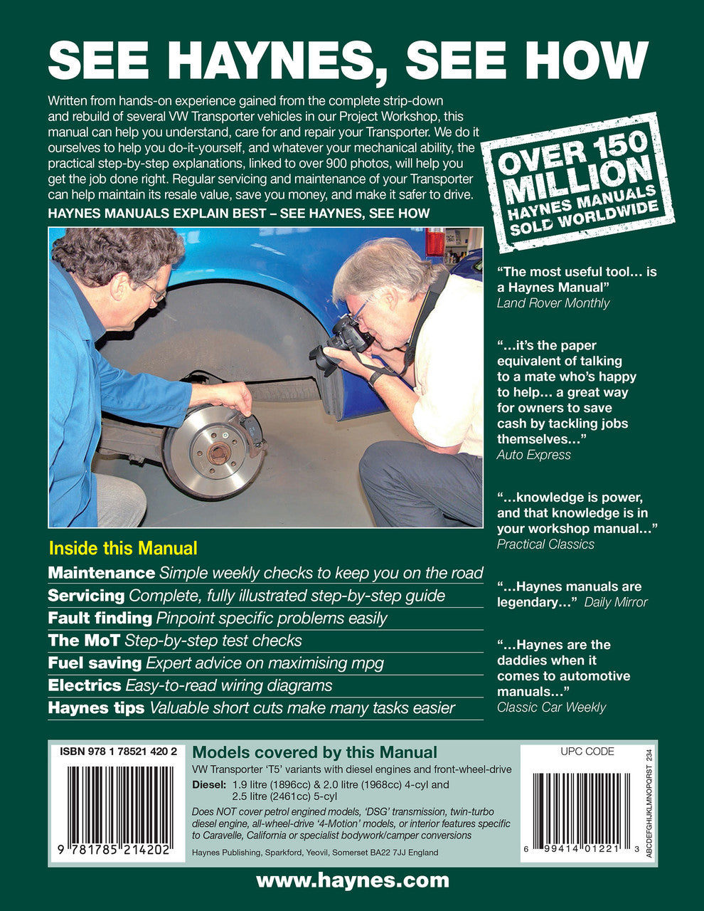 Haynes workshop manual cover page featuring a mechanic working on a brake disc.